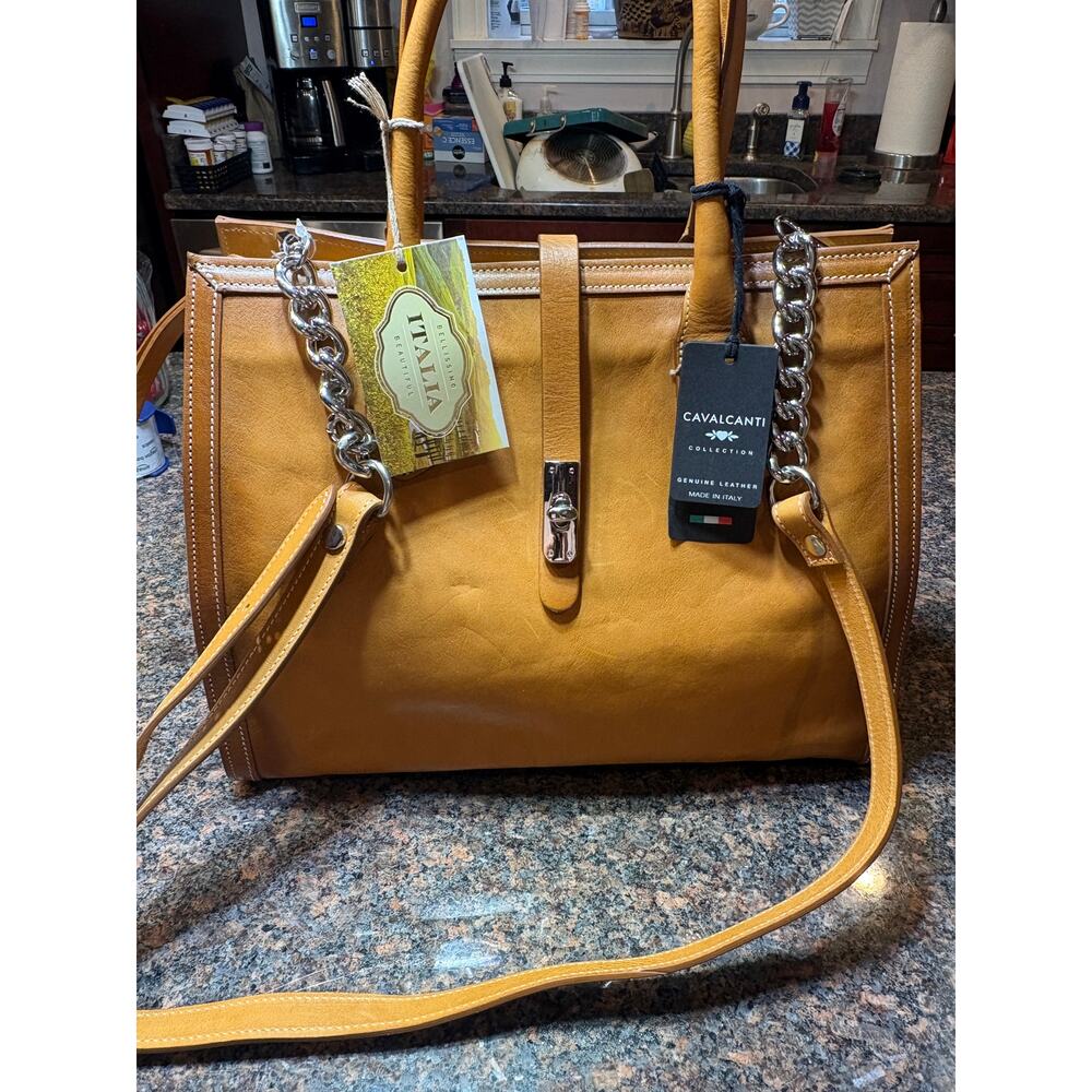 Cavalcanti Italian Designer Cognac Burnished Leather Satchel Shoulder Strap NWT - Picture 12 of 16